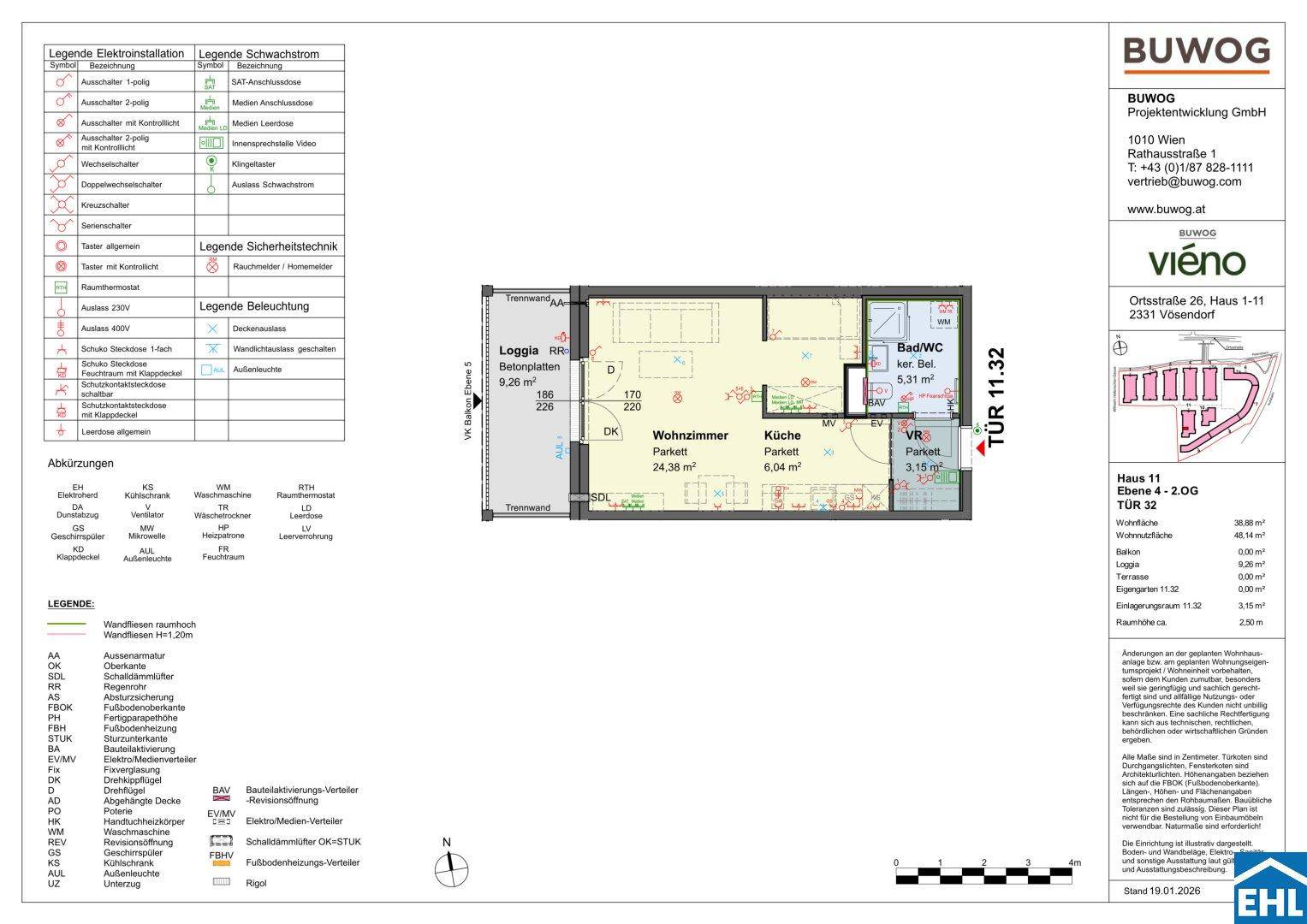 Detaillierter Grundriss einer Wohnung mit Wohnzimmer, Küche, Bad und Loggia.
