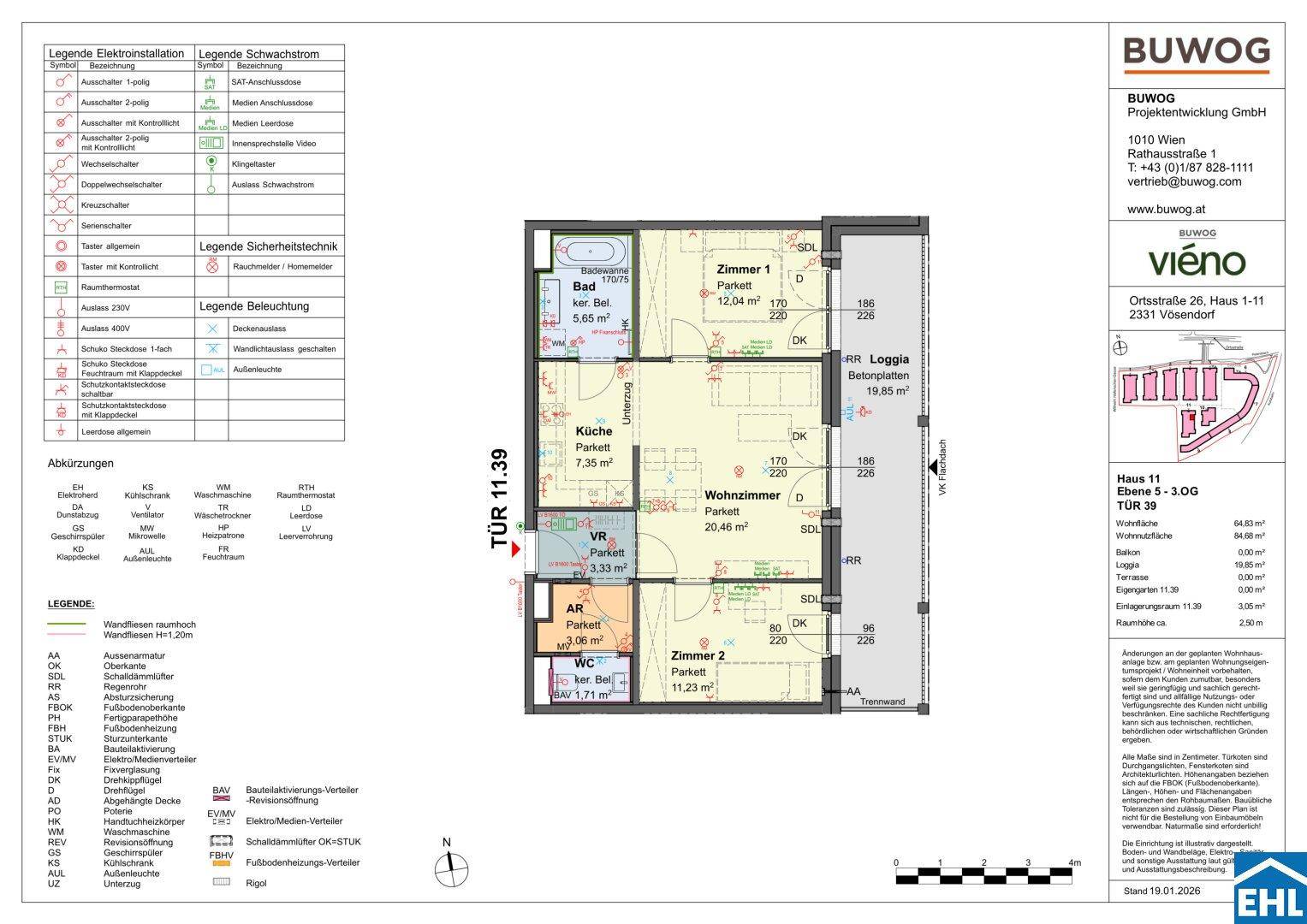 Detaillierter Grundriss einer Wohnung mit drei Zimmern, Loggia und separatem WC.