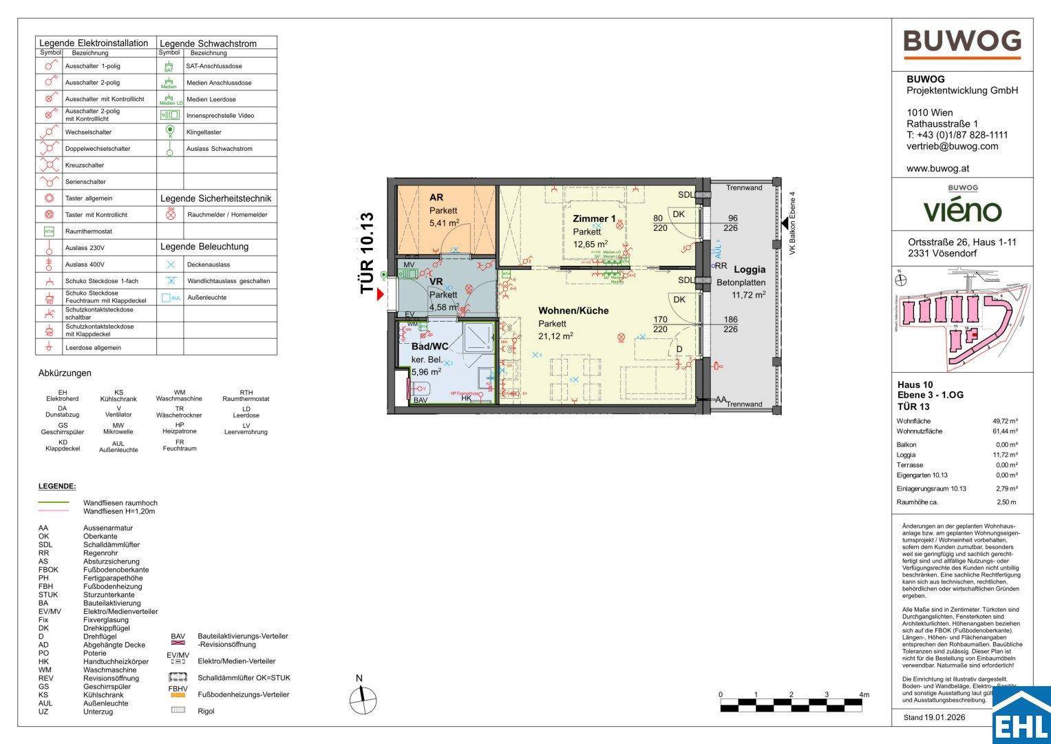Detaillierter Grundriss einer Wohnung mit Loggia, einem Zimmer und offener Wohnküche.