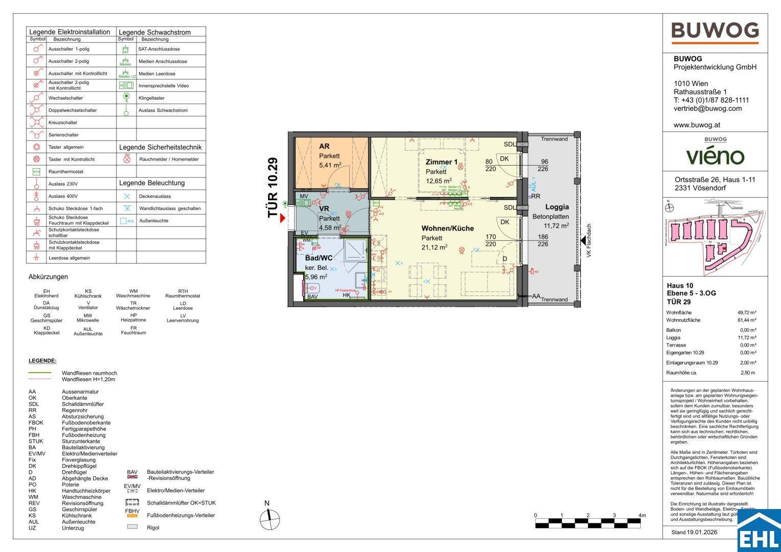 Grundriss einer Wohnung mit Wohnküche, Schlafzimmer, Bad und Loggia, inklusive Legende.