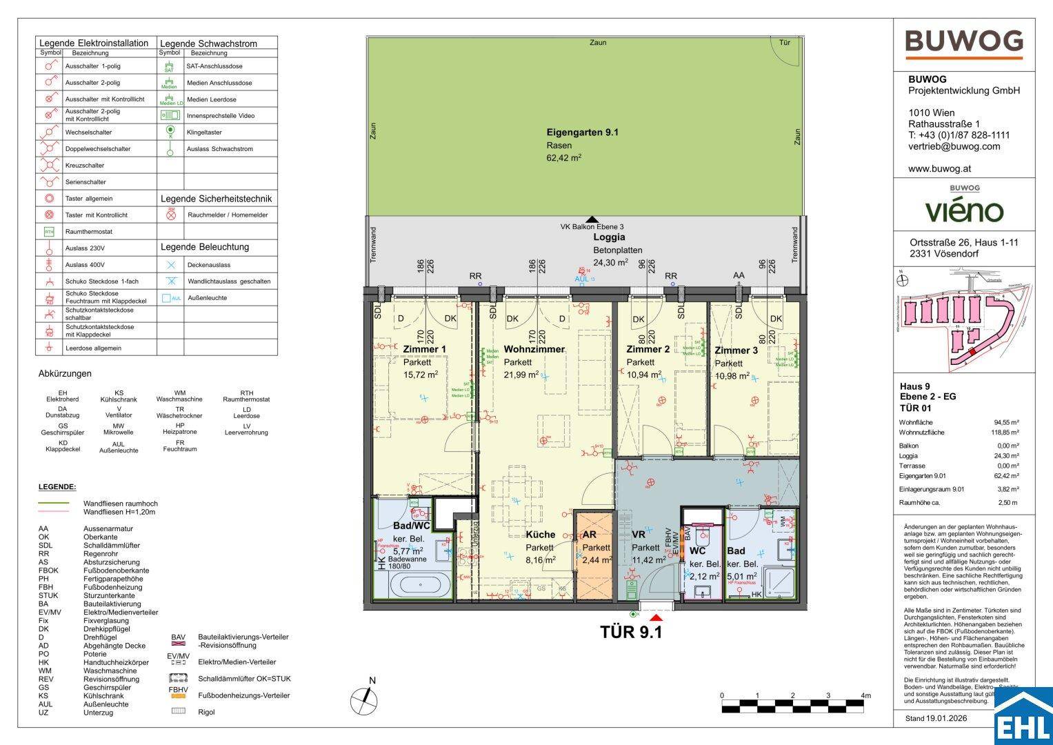 Detaillierter Grundriss einer Wohnung mit drei Zimmern, Loggia und eigenem Gartenanteil.