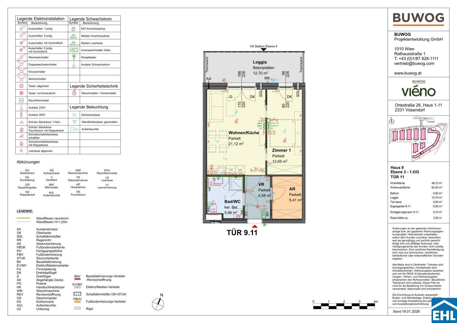 Detaillierter Grundriss einer Wohnung mit offener Wohnküche, einem Zimmer, Bad und Loggia.