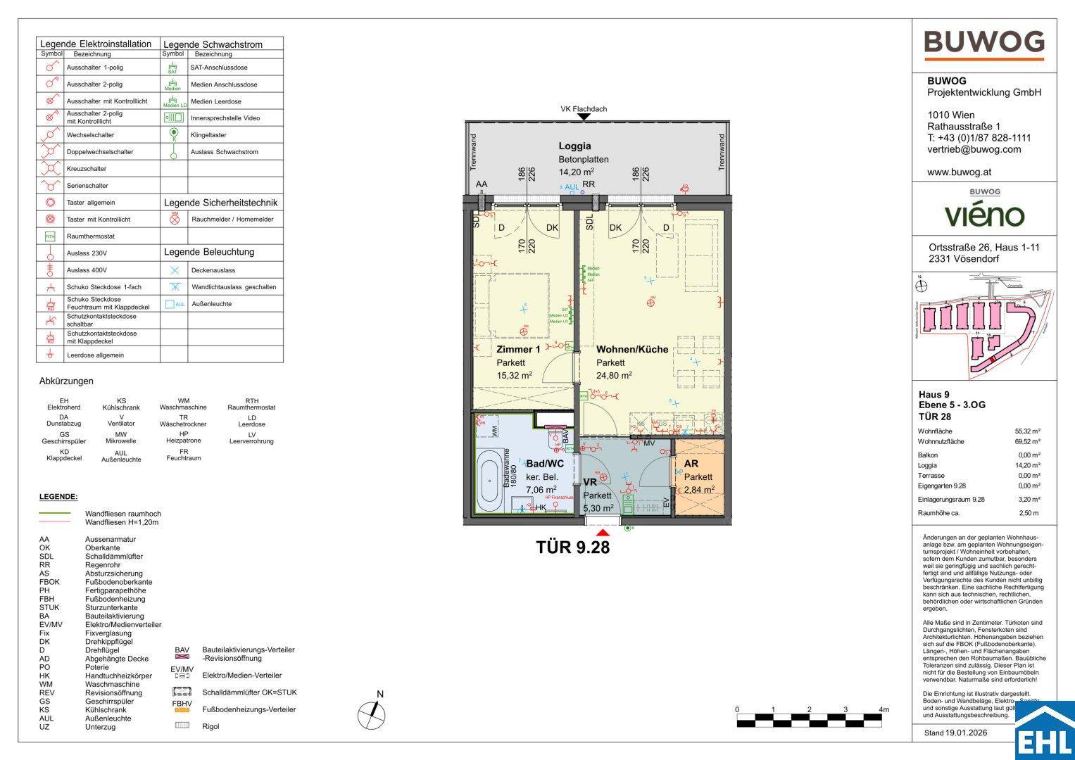 Grundriss einer Wohnung mit einem Zimmer, Wohnküche und Loggia.