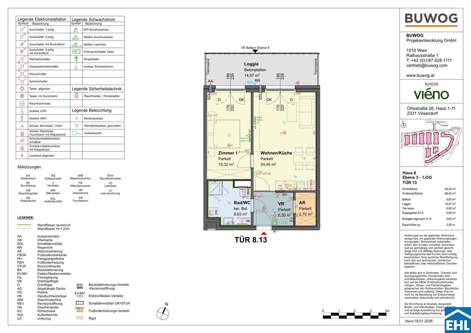 Grundriss einer Wohnung mit zwei Zimmern, Bad, separatem WC und Loggia.