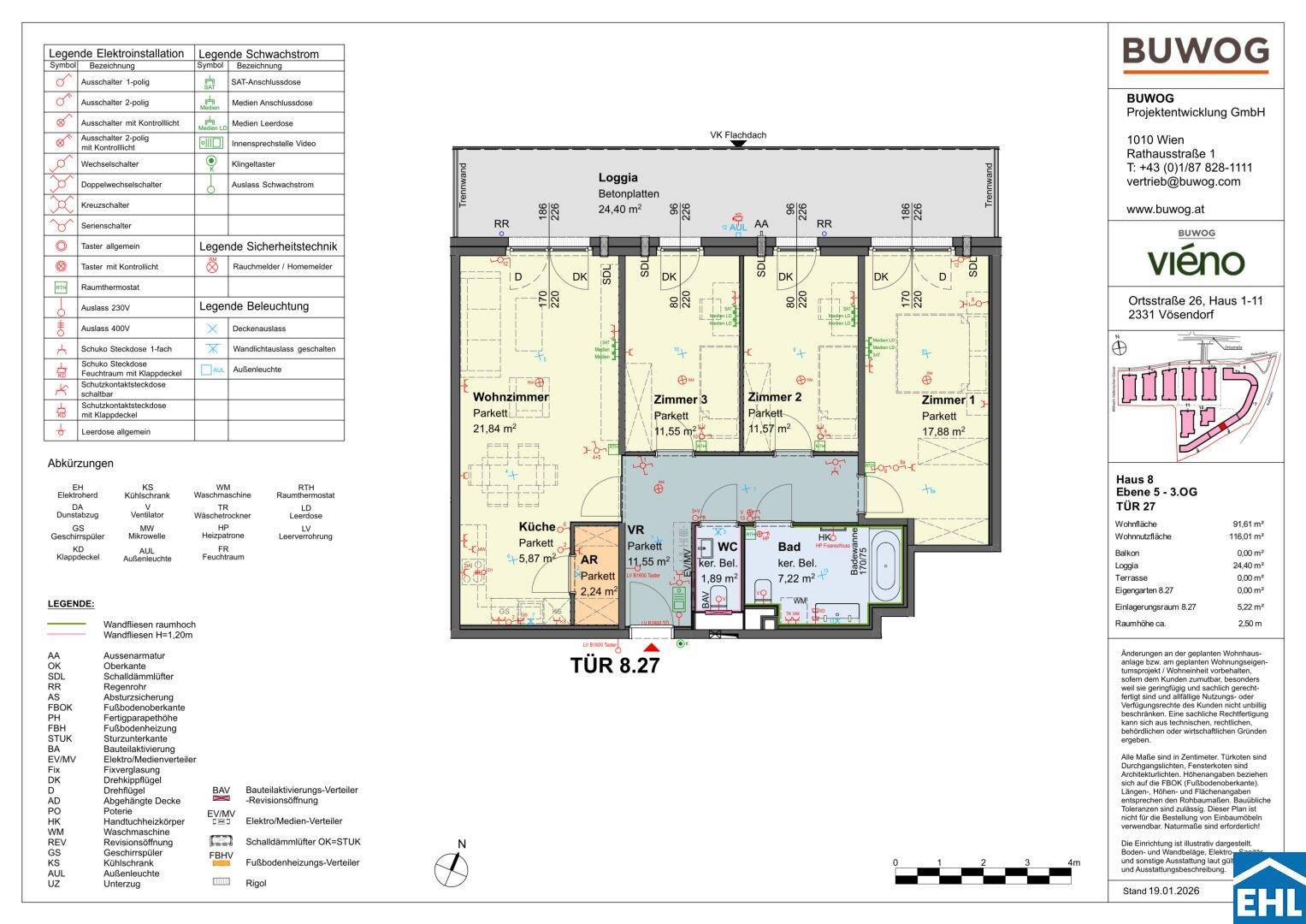 Detaillierter Grundriss einer Wohnung mit drei Zimmern, Loggia, separater Küche und zwei Bädern.