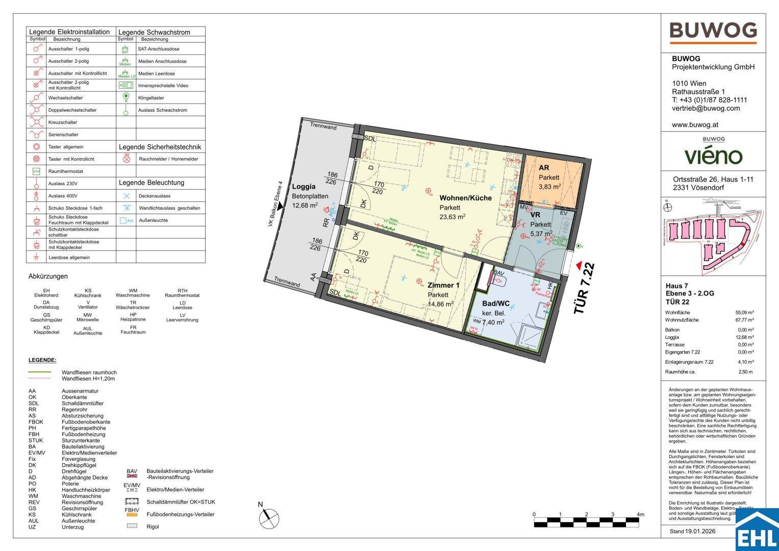 Detaillierter Grundriss einer Wohnung mit Wohnküche, Schlafzimmer und Loggia.
