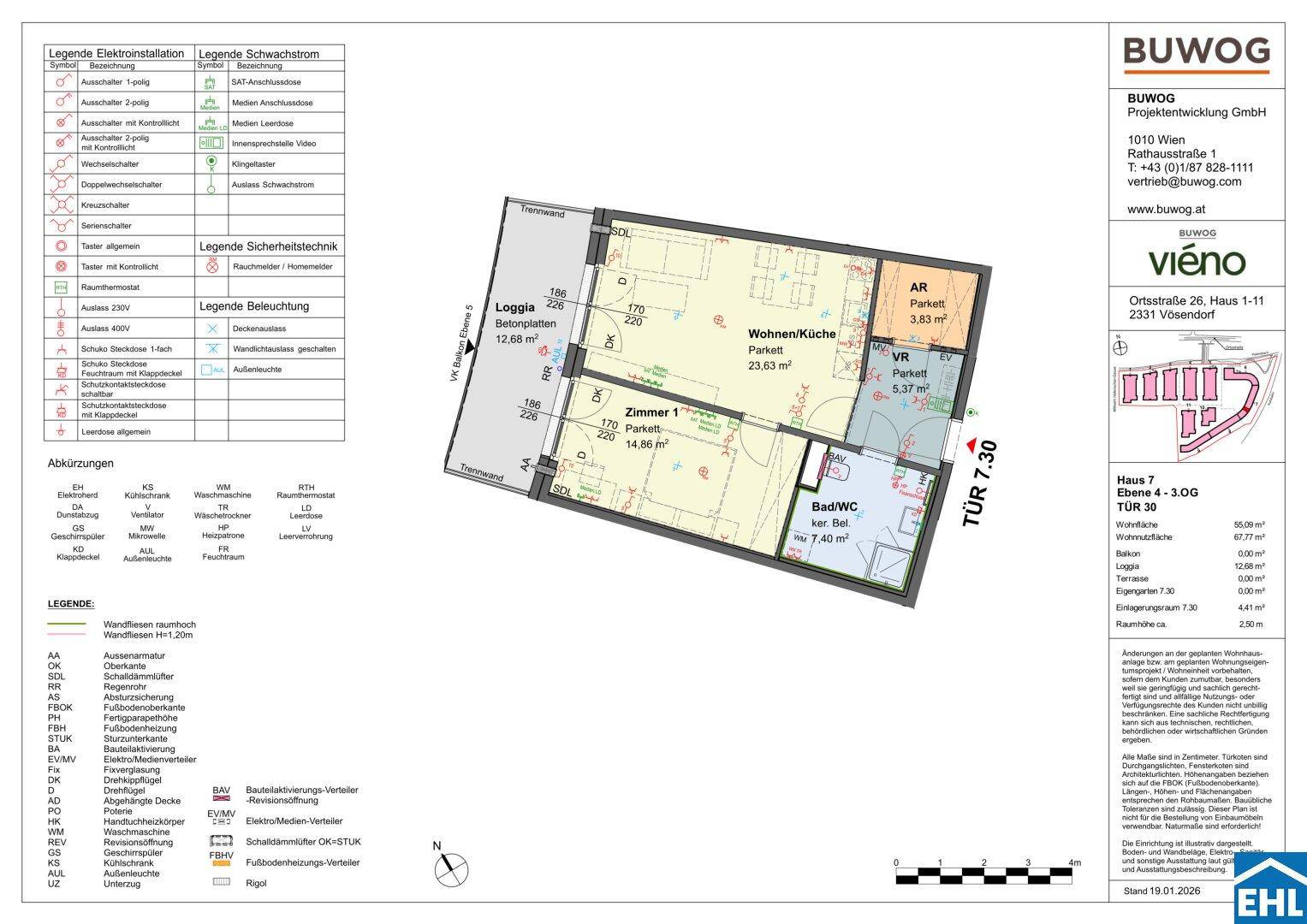 Detaillierter Grundriss einer Wohnung mit Wohnküche, Schlafzimmer, Bad und Loggia.