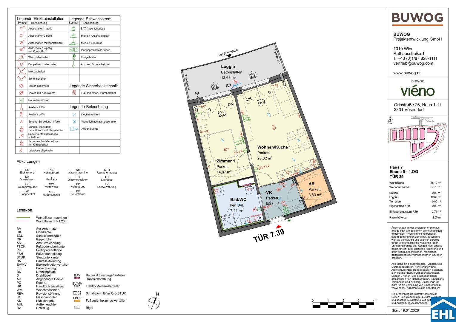 Detaillierter Grundriss einer Wohnung mit offener Wohnküche, Schlafzimmer und Loggia.
