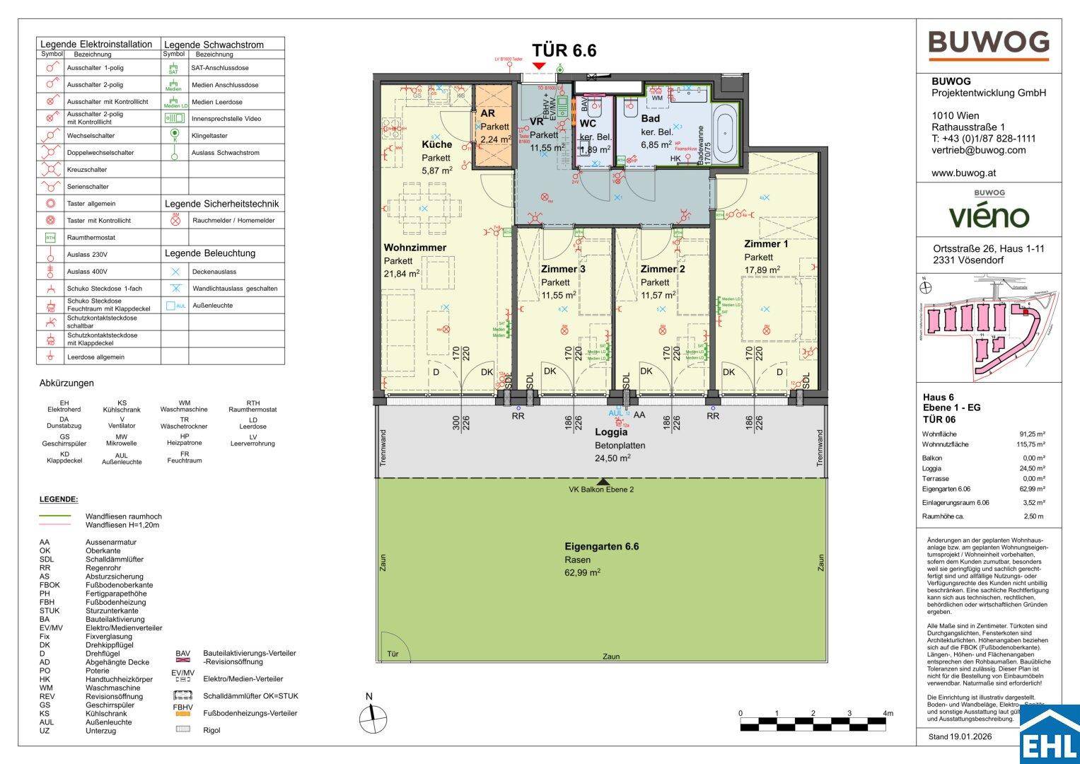 Detaillierter Grundriss einer Wohnung mit drei Zimmern, Loggia und eigenem Gartenanteil.