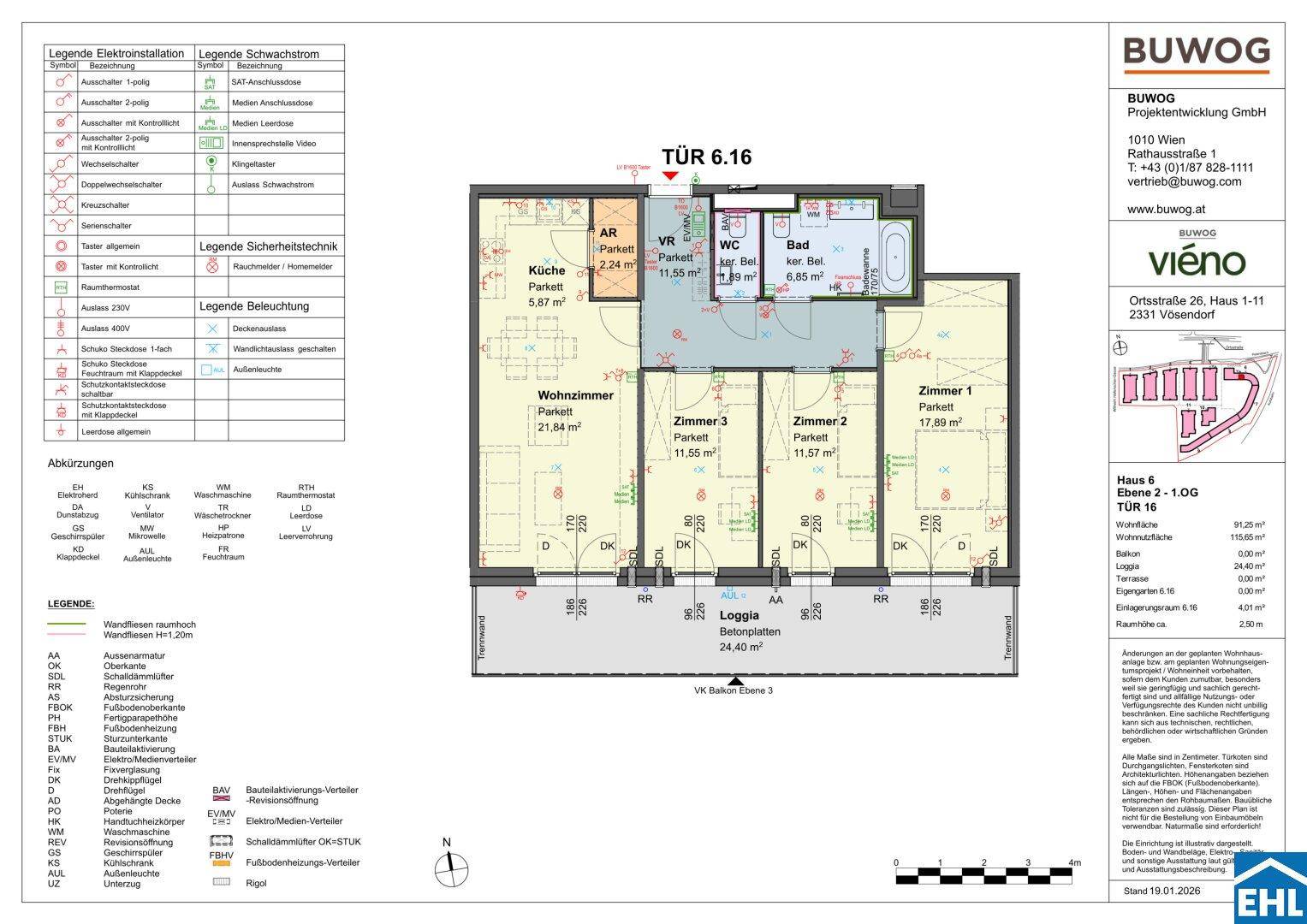 Detaillierter Grundriss einer Wohnung mit Loggia, drei Zimmern und separatem WC.