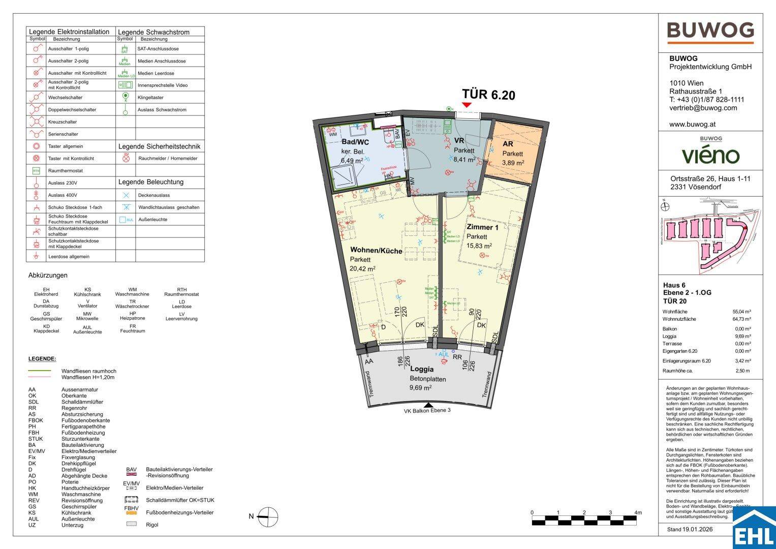 Detaillierter Grundriss einer Wohnung mit Wohnküche, Schlafzimmer, Bad und Loggia.