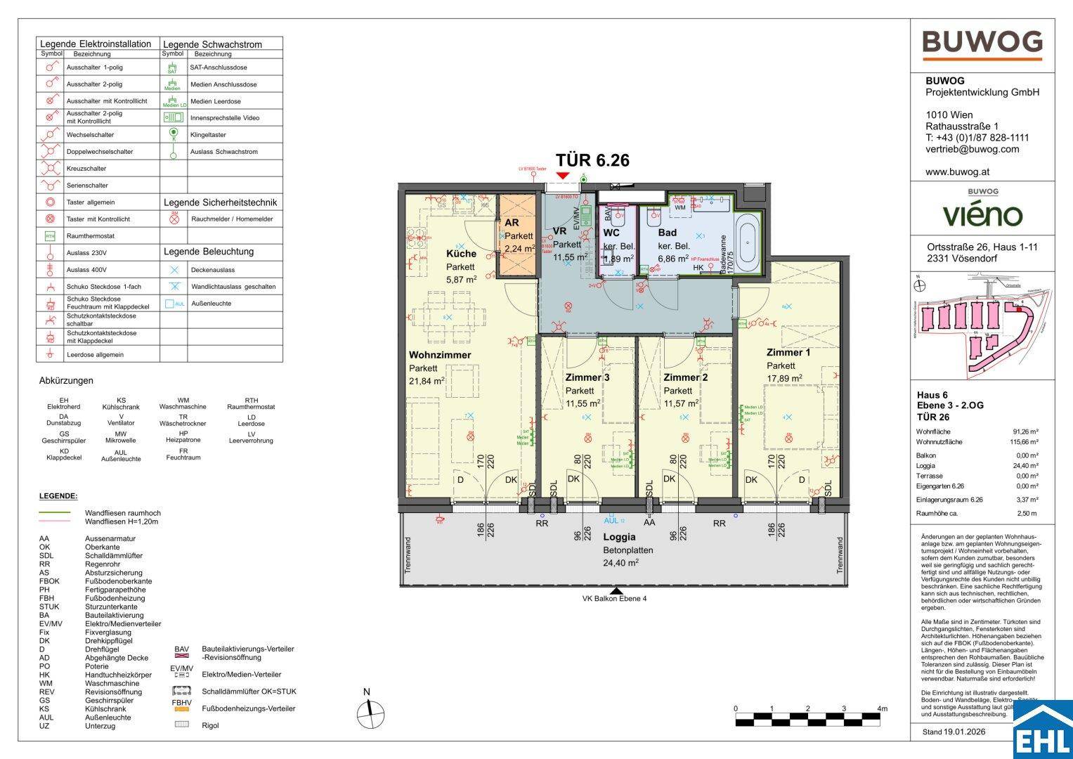 Detaillierter Grundriss einer Wohnung mit drei Zimmern, Loggia und separatem WC.