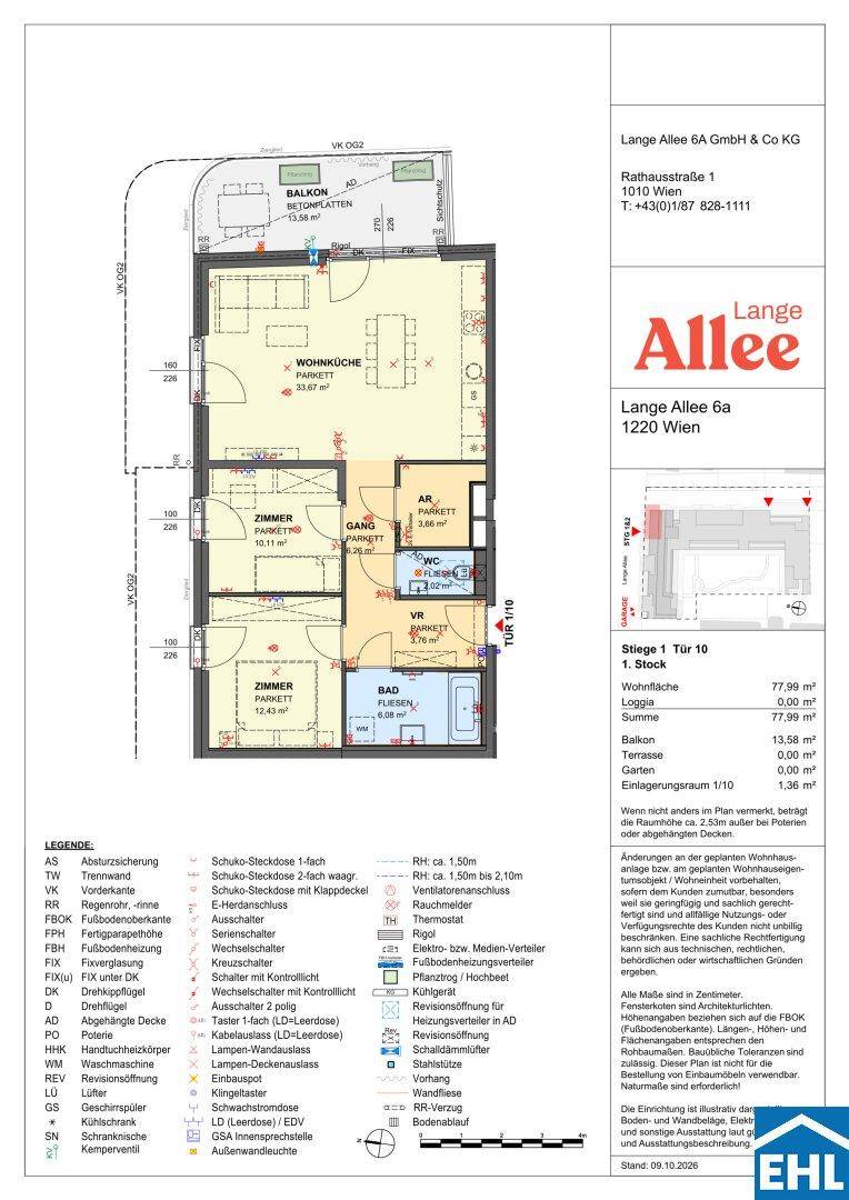 Detaillierter Grundriss einer Wohnung mit Wohnküche, zwei Zimmern, Bad und Balkon.