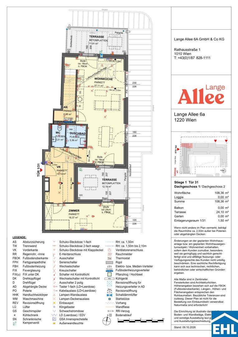 Detaillierter Grundriss einer Dachgeschosswohnung mit Terrasse und offenem Wohnbereich.