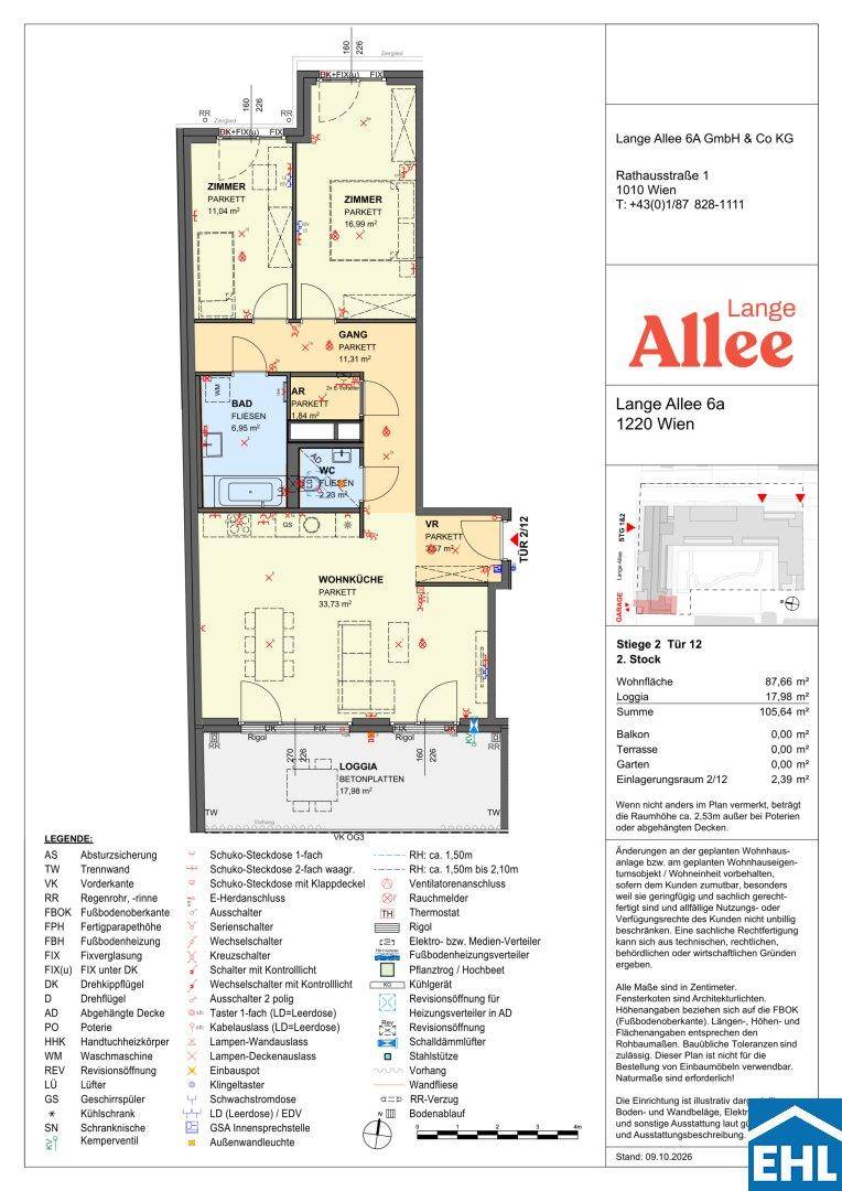 Detaillierter Grundriss einer Wohnung mit Loggia, drei Zimmern und offenem Wohnbereich.