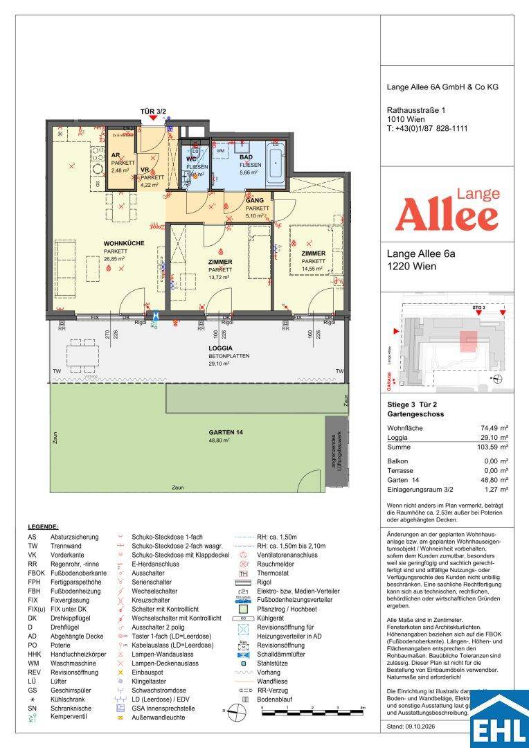Grundriss einer Wohnung mit drei Zimmern, Loggia und Gartenanteil im Erdgeschoss.