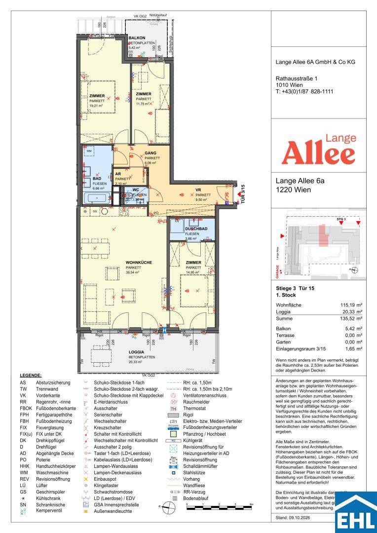 Detaillierter Grundriss einer Wohnung mit offenem Wohnbereich, Balkon und Loggia.