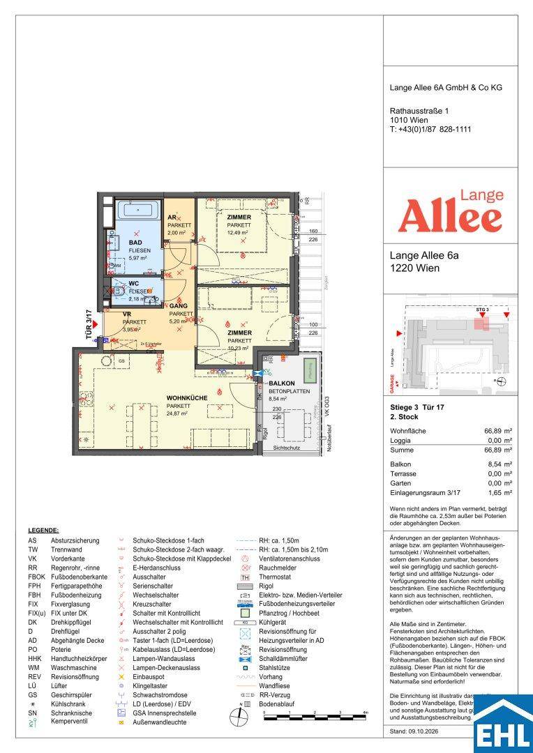 Detaillierter Grundriss einer Wohnung mit Wohnküche, Schlafzimmern und Balkon.