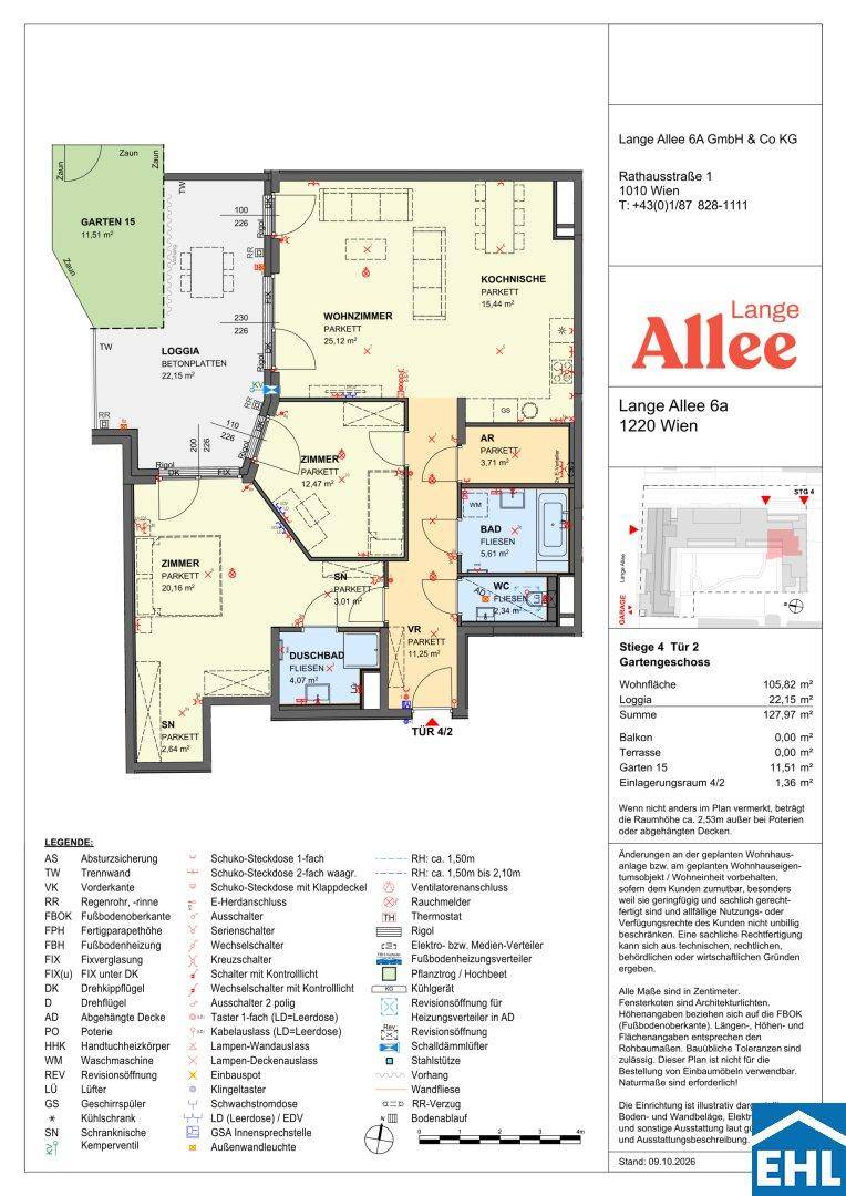 Detaillierter Grundriss einer Gartenwohnung mit Loggia, Terrasse und Gartenanteil.