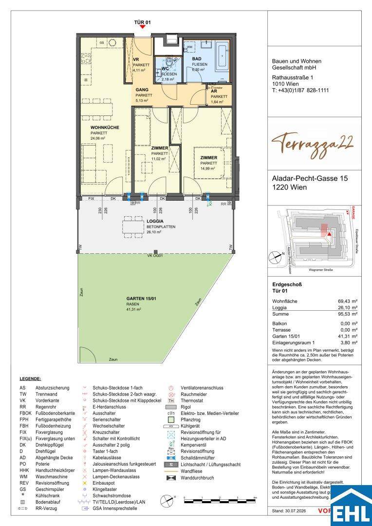Grundriss einer Erdgeschosswohnung mit Wohnküche, zwei Zimmern, Loggia und Garten.