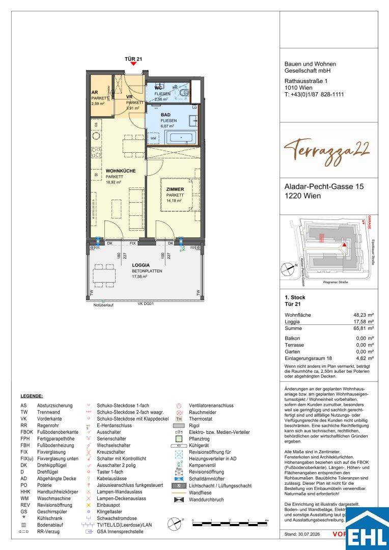 Detaillierter Grundriss einer Wohnung mit Loggia, offenem Wohnbereich und separatem Zimmer.