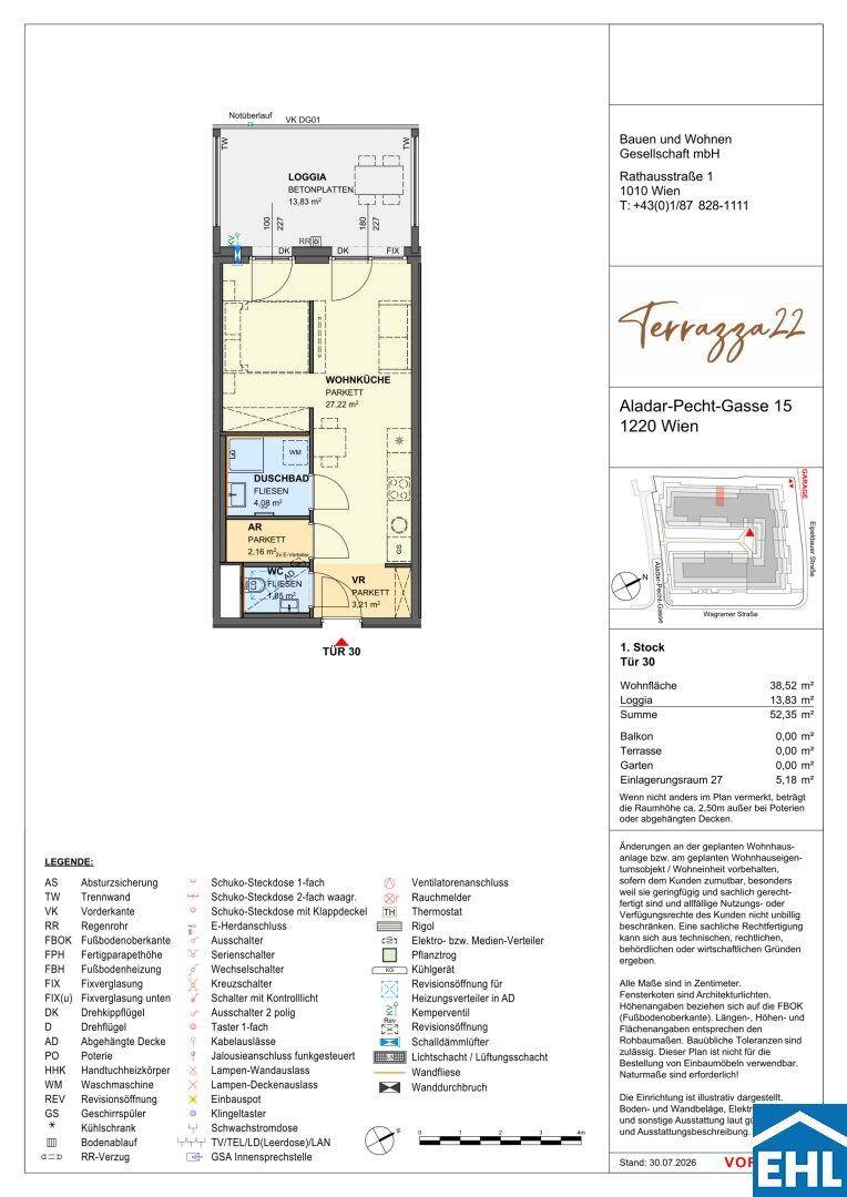 Detaillierter Grundriss einer modernen Wohnung mit Loggia, separatem WC und Abstellraum.