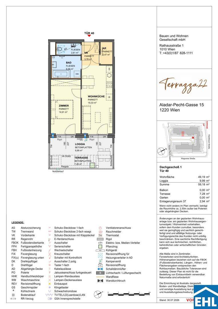 Grundriss einer Wohnung mit Wohnküche, Schlafzimmer, Bad und Loggia auf 49,19 m².