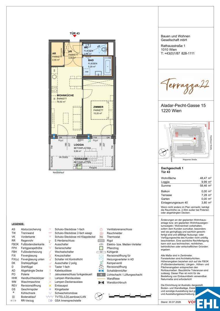 Detaillierter Grundriss einer Dachgeschosswohnung mit Loggia, Terrasse und offenem Wohnbereich.