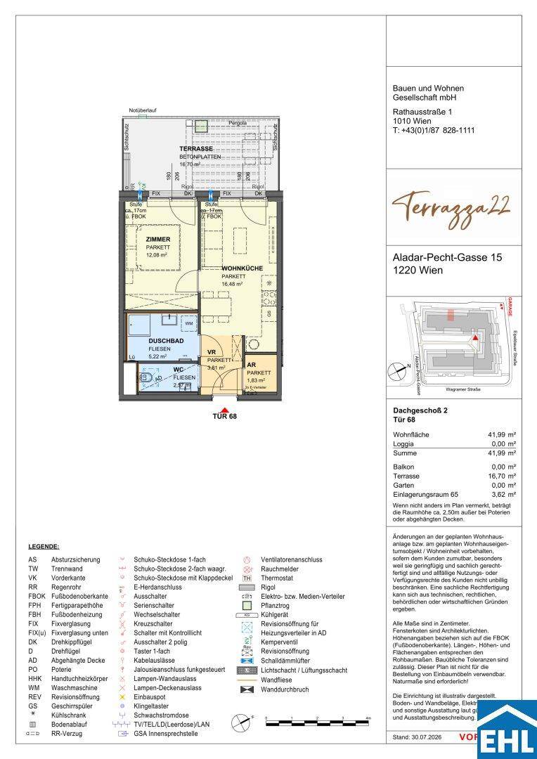 Detaillierter Grundriss einer Dachgeschosswohnung mit Wohnküche, Schlafzimmer, Duschbad und Terrasse.