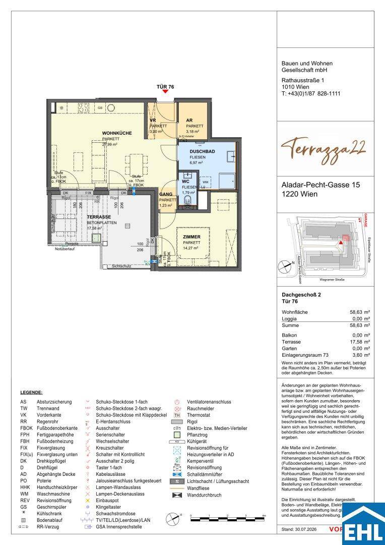 Detaillierter Grundriss einer Wohnung mit Wohnküche, Schlafzimmer und Terrasse, inklusive Legende.