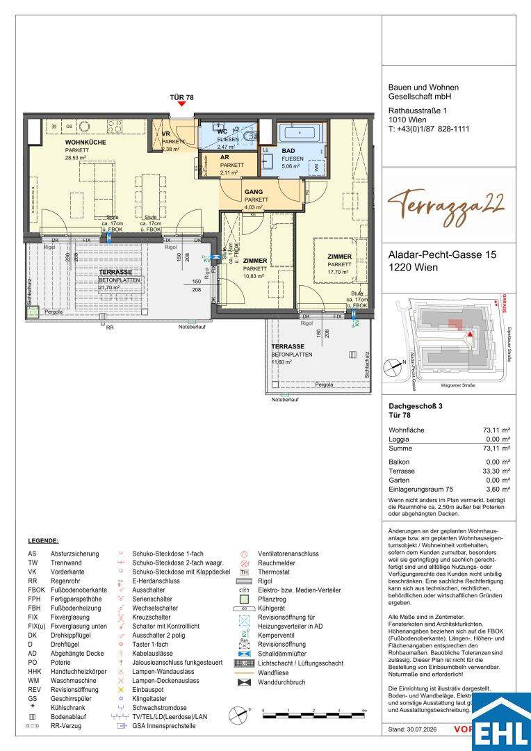 Detaillierter Grundriss einer Wohnung mit Terrasse, zwei Zimmern und offenem Wohnbereich.