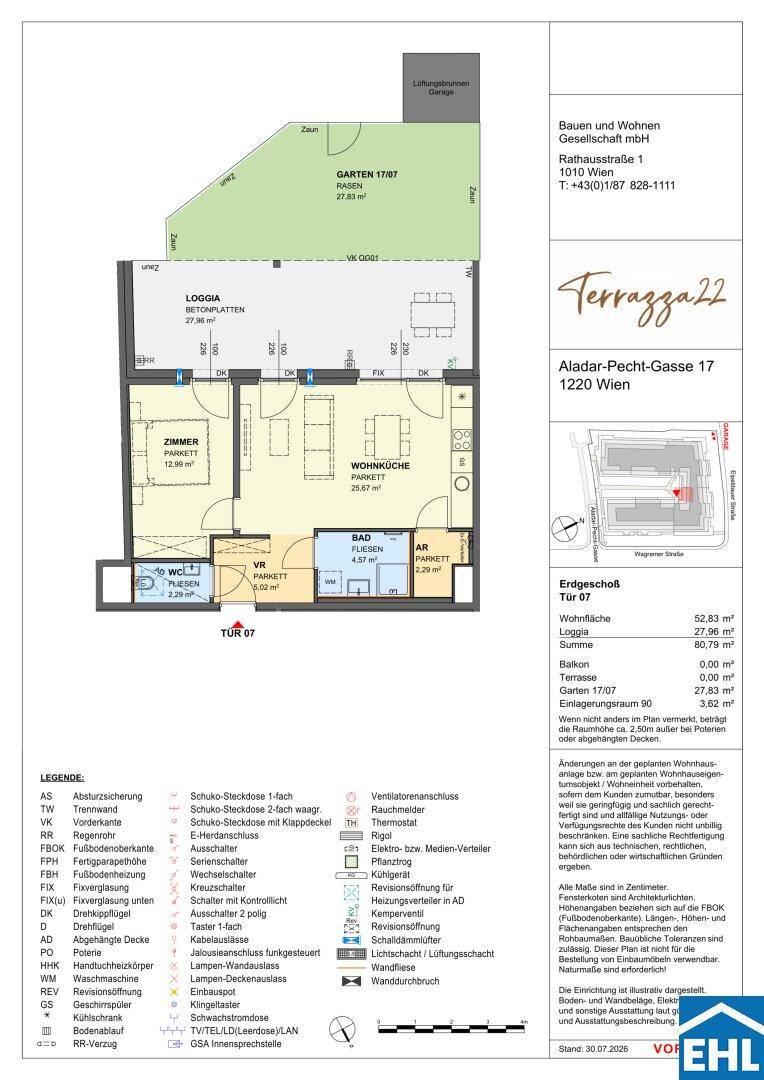 Grundriss einer Wohnung mit Wohnküche, Schlafzimmer, Bad und Loggia.