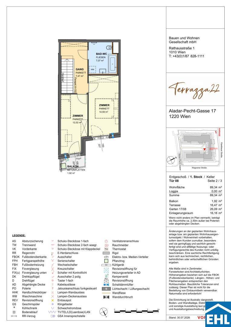 Grundriss einer Wohnung mit zwei Zimmern, Bad, WC, Abstellraum und Balkon.