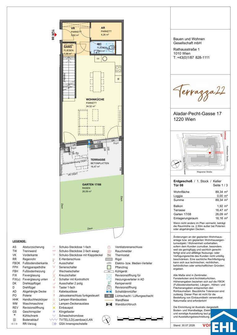 Grundriss einer Erdgeschosswohnung mit Wohnküche, Terrasse, Garten und Abstellraum.
