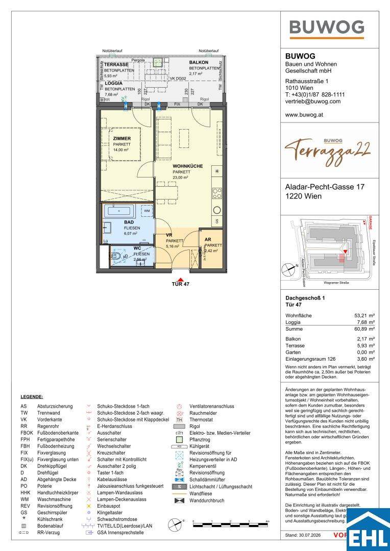 Detaillierter Grundriss einer Dachgeschosswohnung mit Balkon, Loggia und Terrasse.