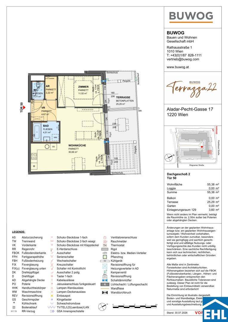 Detaillierter Grundriss einer Dachgeschosswohnung mit Terrasse, Wohnküche und zwei Zimmern.