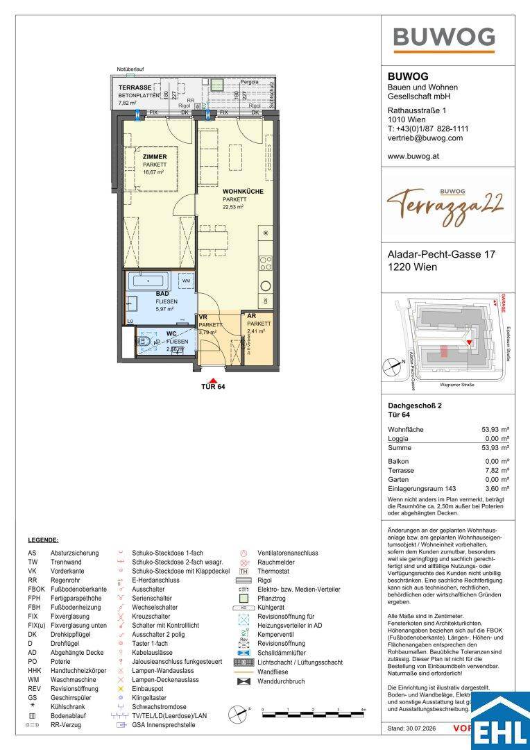 Detaillierter Grundriss einer Wohnung mit Terrasse und offenem Wohnbereich.