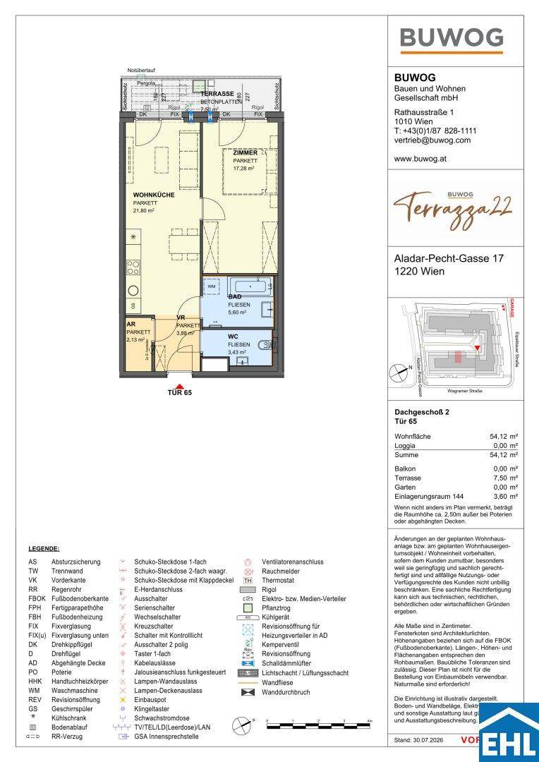 Grundriss einer Dachgeschosswohnung mit Wohnküche, Schlafzimmer, Bad und Balkon.