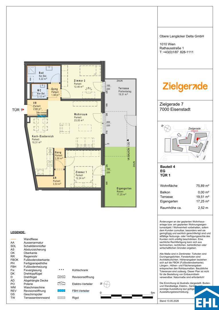 Grundriss einer Erdgeschosswohnung mit Terrasse, eigenem Garten und drei Zimmern.