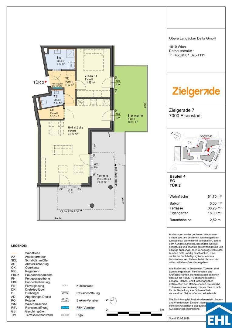 Detaillierter Grundriss einer Wohnung mit Terrasse und Garten, inklusive Raumaufteilung und Flächenangaben.