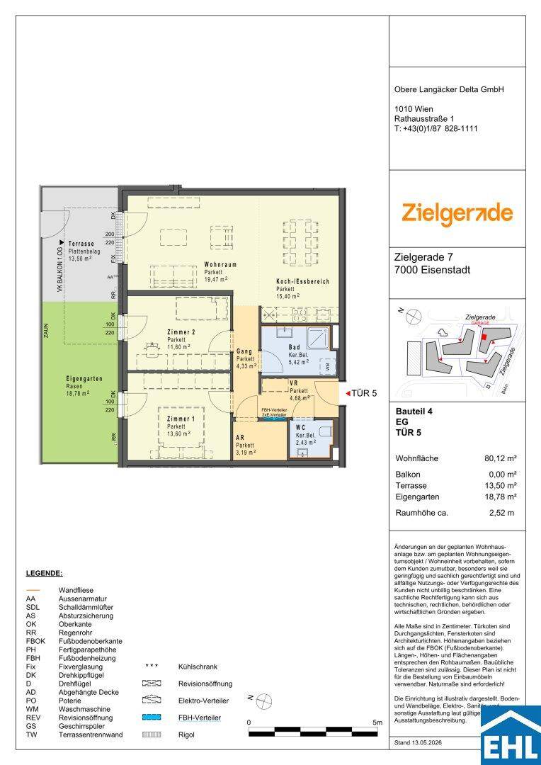 Detaillierter Grundriss einer 80,12 m² Wohnung mit Terrasse und Eigengarten.