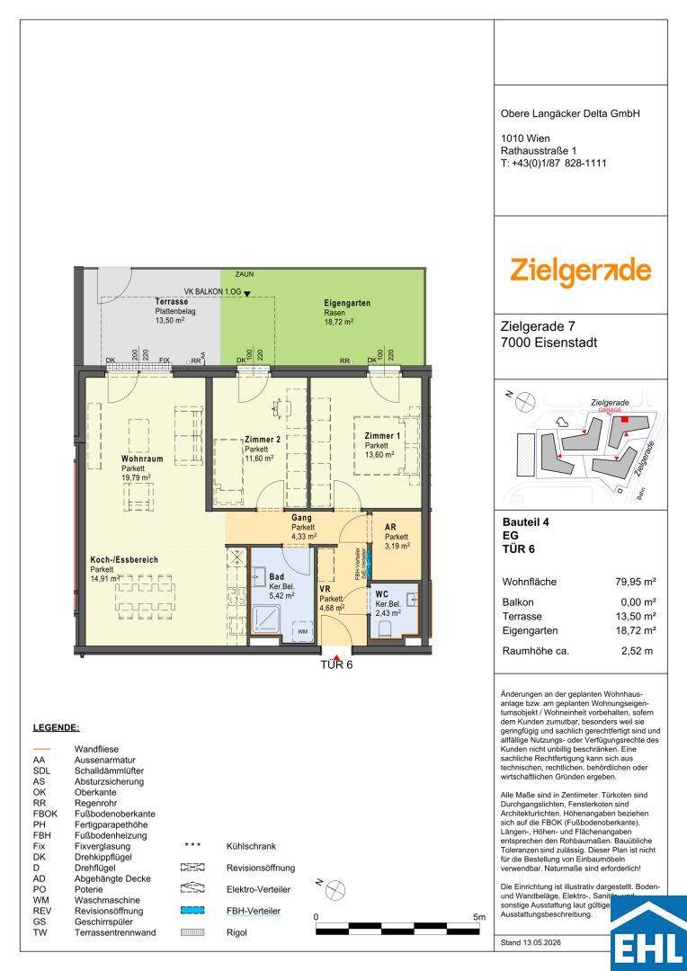 Grundriss einer 79,95 m² großen Wohnung mit Terrasse, Garten und drei Zimmern.