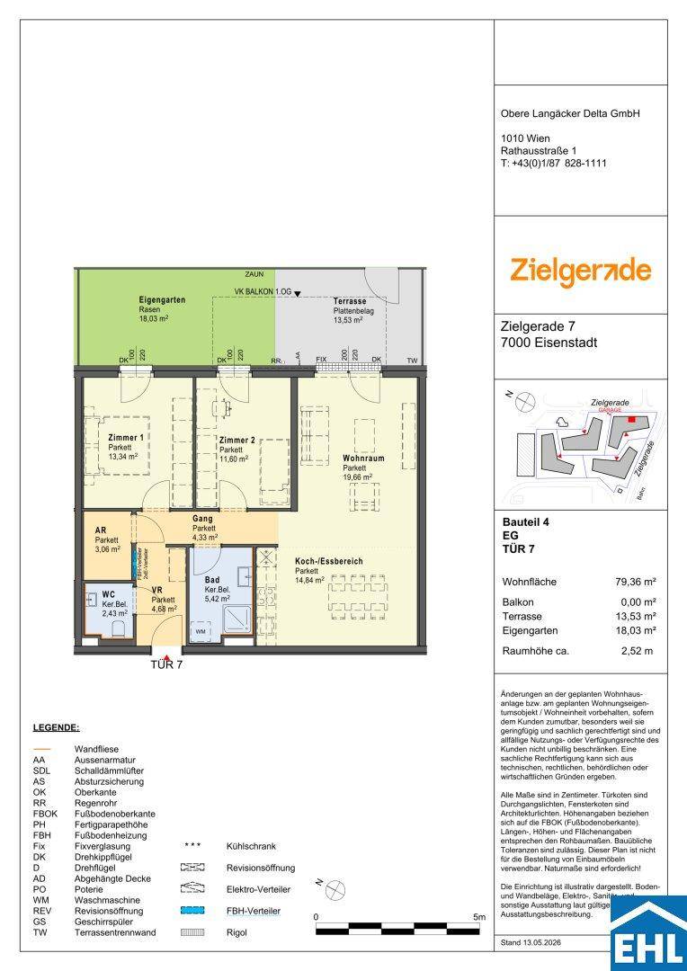 Detaillierter Grundriss einer Wohnung mit drei Zimmern, Bad und Terrasse.