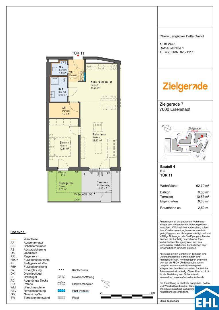 Detaillierter Grundriss einer Erdgeschosswohnung mit Garten, Terrasse und drei Zimmern.