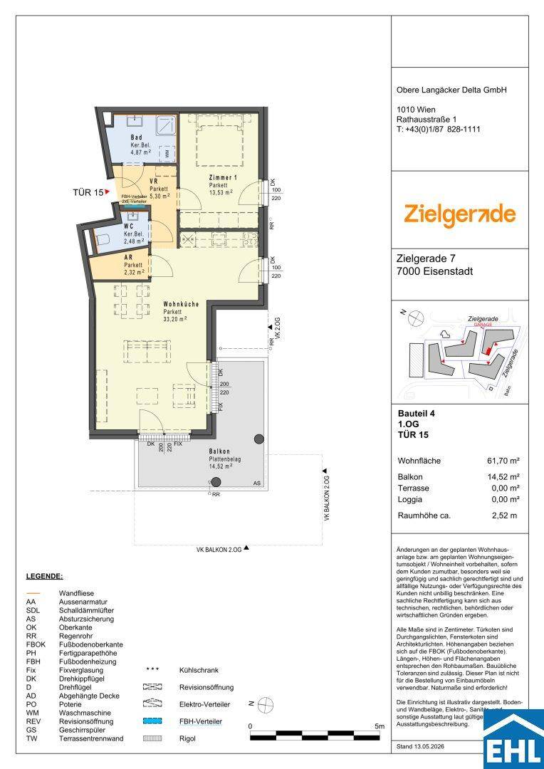 Detaillierter Grundriss einer Wohnung mit Balkon, drei Zimmern und offenem Wohnbereich.
