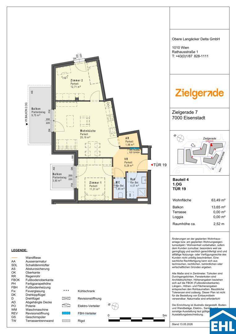 Detaillierter Grundriss einer Wohnung mit zwei Zimmern, Balkon und separatem WC.