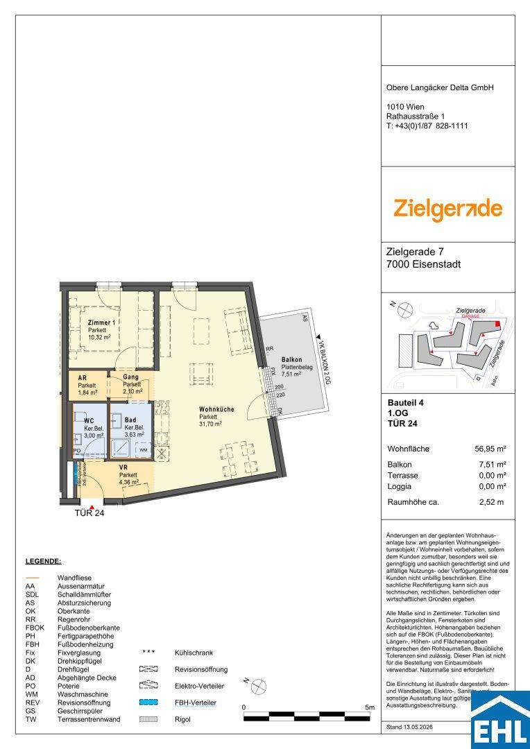 Grundriss einer Wohnung mit Wohnküche, Schlafzimmer und Balkon, Gesamtfläche 56,95 m².