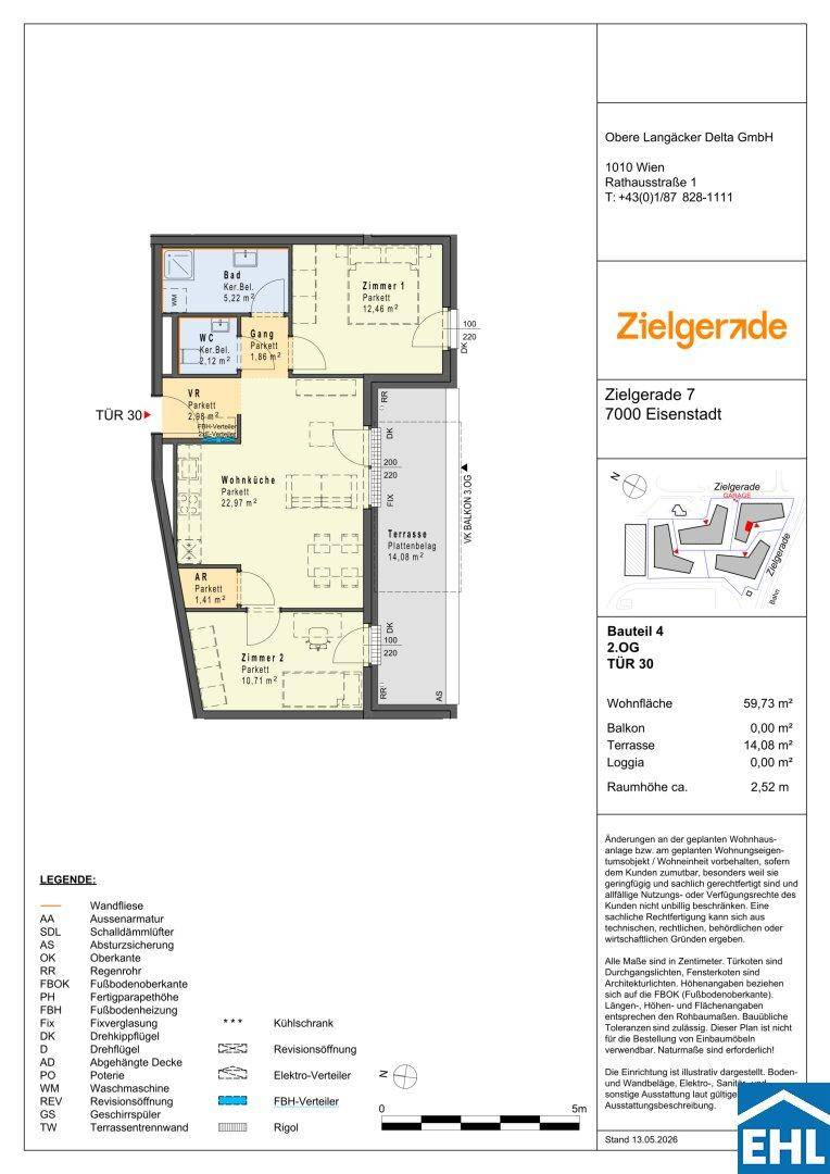 Grundriss einer Wohnung mit zwei Zimmern, offener Wohnküche, Bad, separatem WC, Terrasse und Loggia.