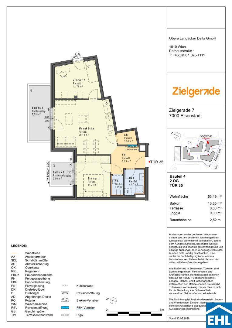 Detaillierter Grundriss einer Wohnung mit zwei Schlafzimmern, Balkonen und einer Wohnfläche von 63,49 m².