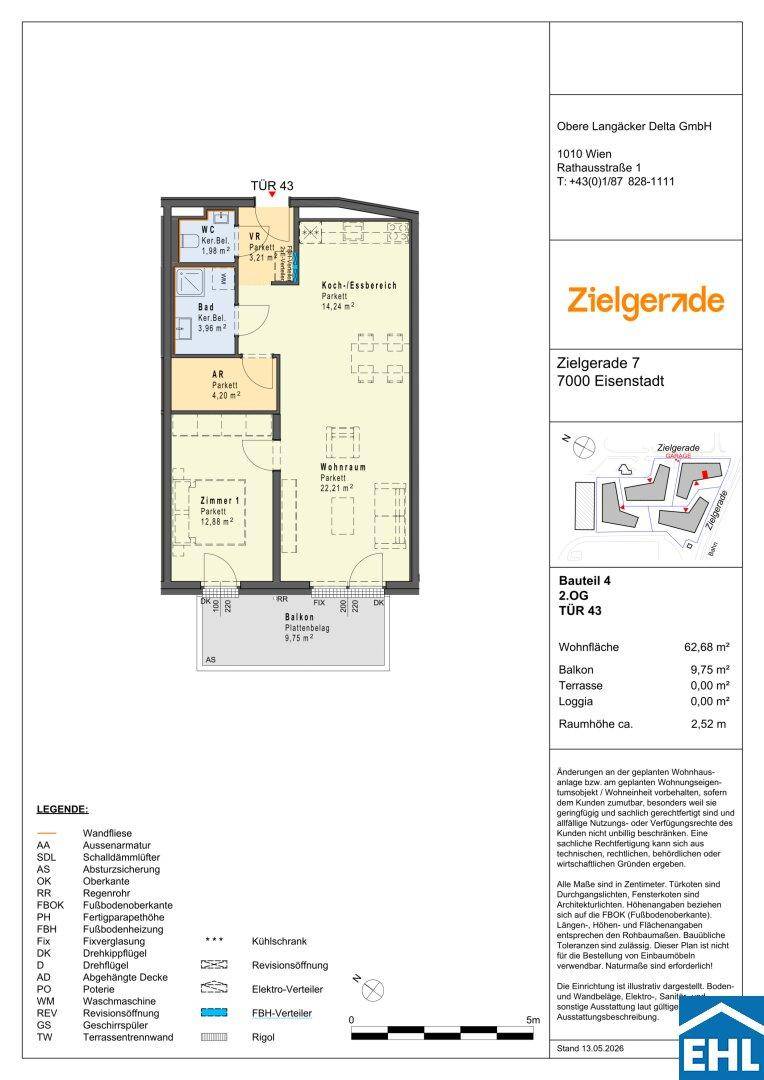 Grundriss einer 2-Zimmer-Wohnung mit Balkon, offenem Wohnbereich und separatem Bad.